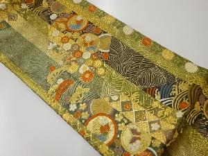 リサイクル　唐織縞に蝶・草花模様織出し袋帯